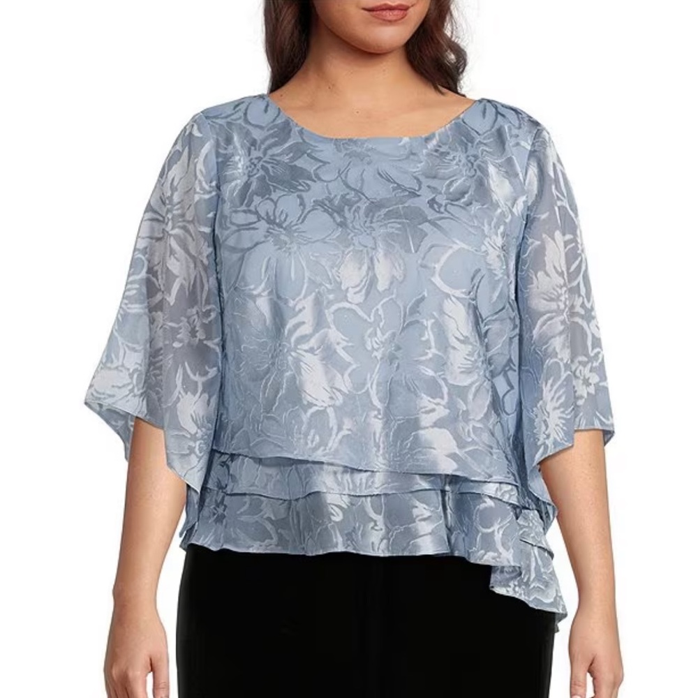 Alex Evenings Plus Size 3/4 Sleeve Round Neck Asymmetric Hem Chiffon Blouse